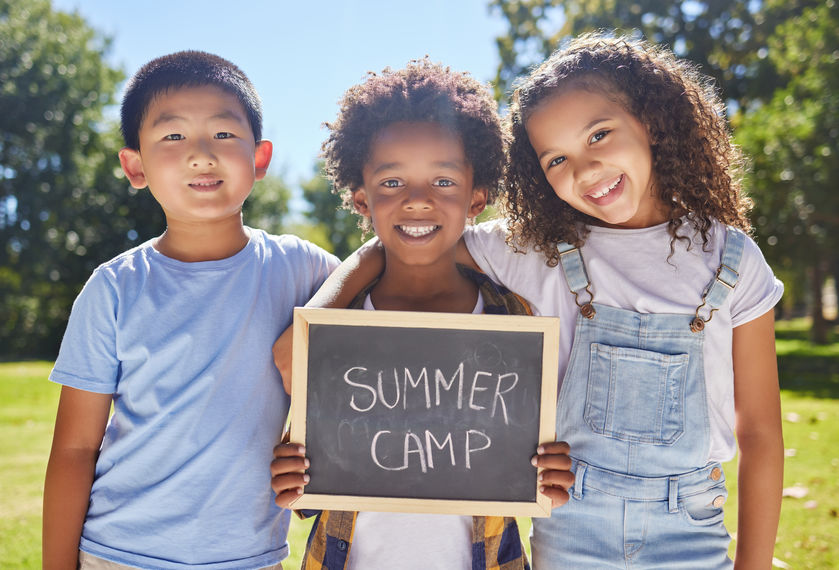 Summer camp, portrait; children with board in park together for fun, bonding or playing in outdoors.